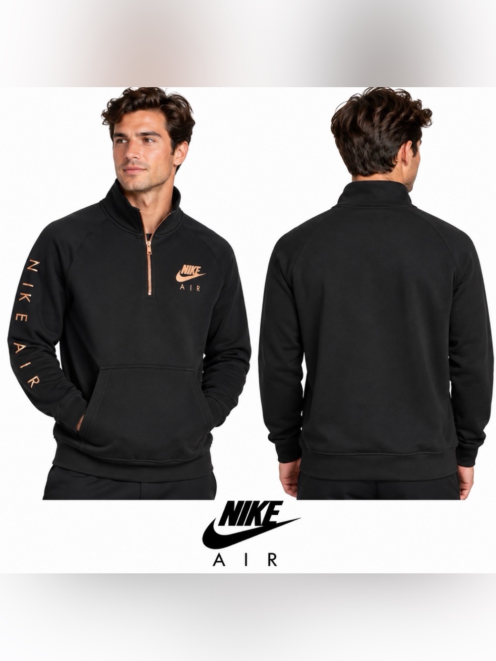Nike Air Men's Small Black Half Zip Pullover Sweatshirt Copper Swoosh Streetwear